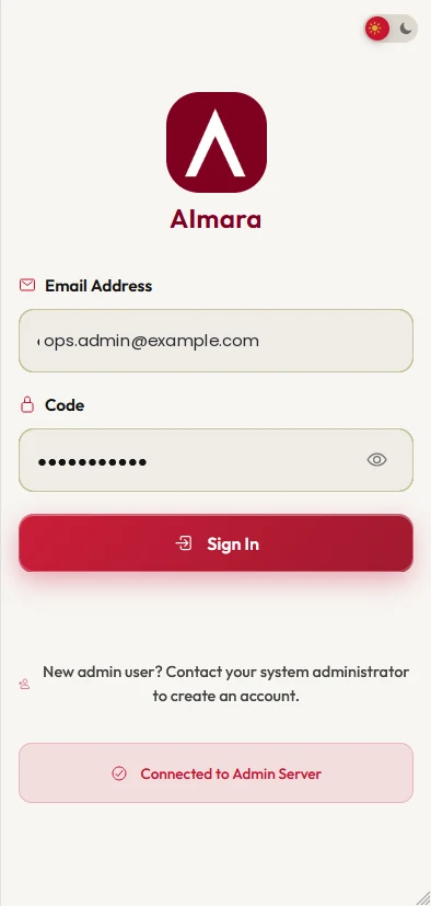 AIMARA admin sign in with email and code fields and a Connected to Admin Server status.