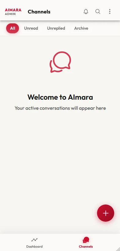 Empty channels state with Welcome to AImara message.
