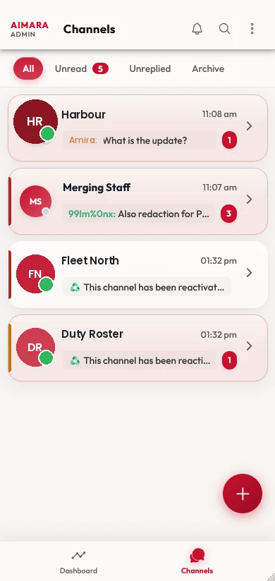 Channel list with unread and unreplied filters, archive tab, and per channel status notices.