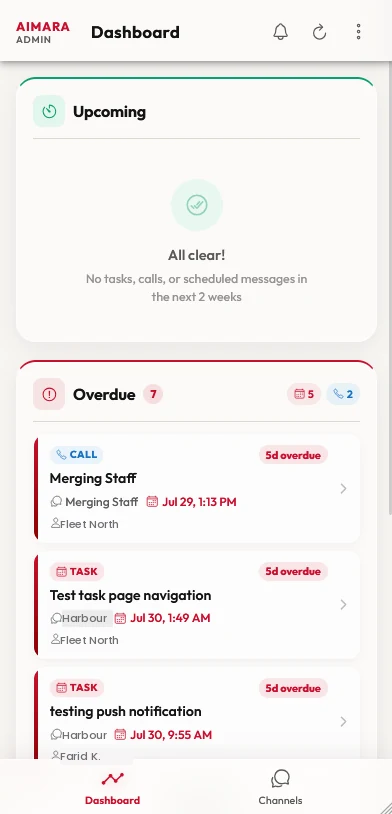 Operations dashboard with an Upcoming section and an Overdue list of calls and tasks tied to channels and assignees.