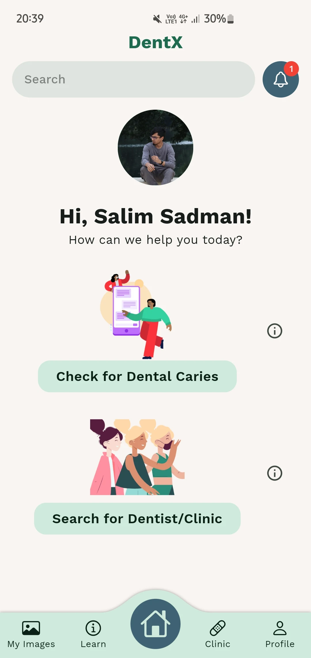 DentXpert home screen greeting the user with two actions, check for dental caries and search for a dentist or clinic.