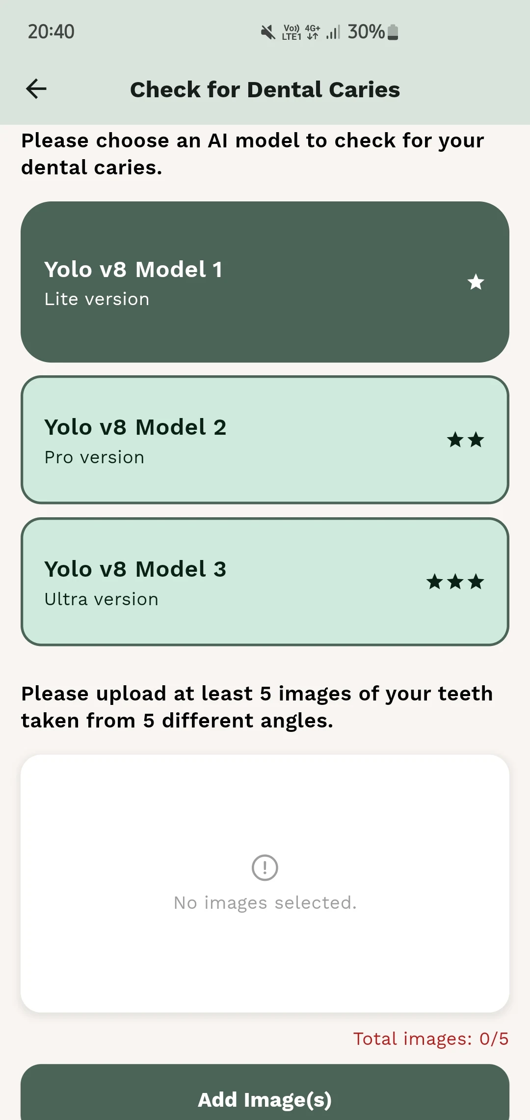 DentXpert model selection screen offering three YOLOv8 tiers and asking for at least five photos from five angles.