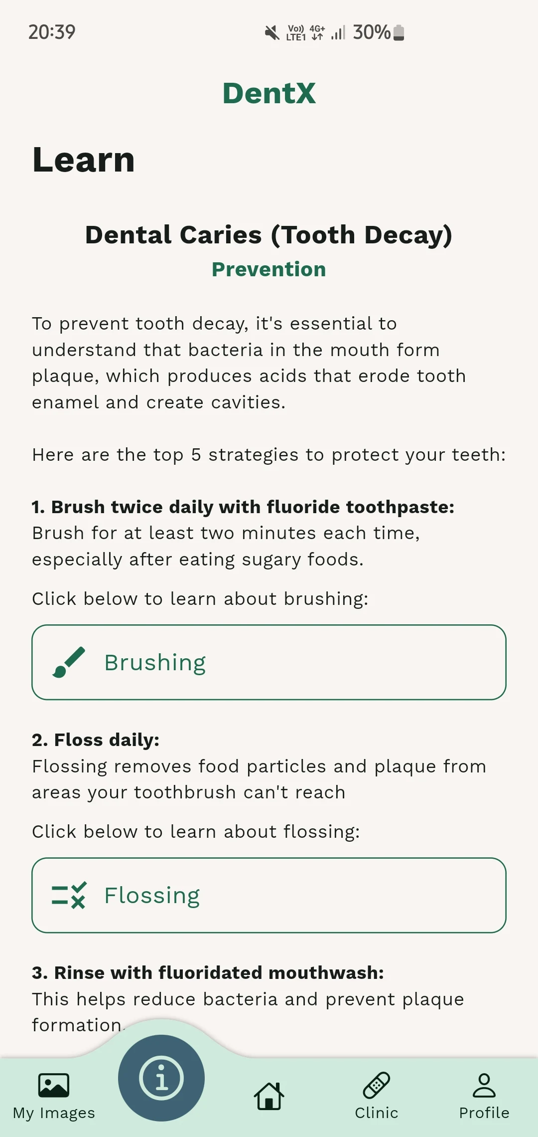 Learn screen explaining dental caries prevention with sections on brushing, flossing and rinsing.