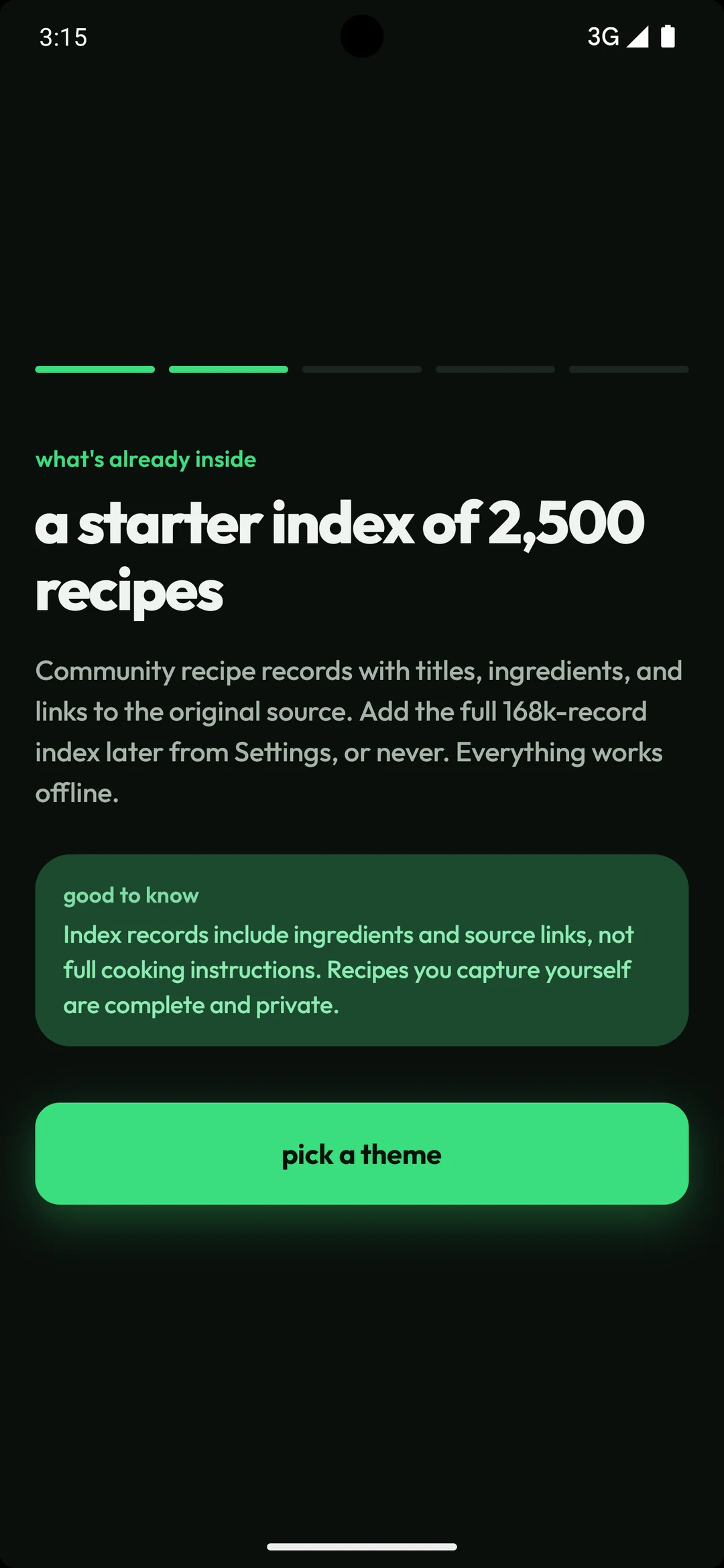 Onboarding card describing the 2,500-recipe starter index.
