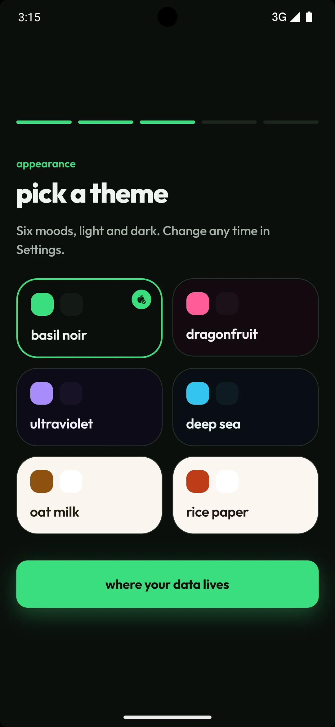 Theme picker with six palettes: basil noir, dragonfruit, ultraviolet, deep sea, oat milk, rice paper.