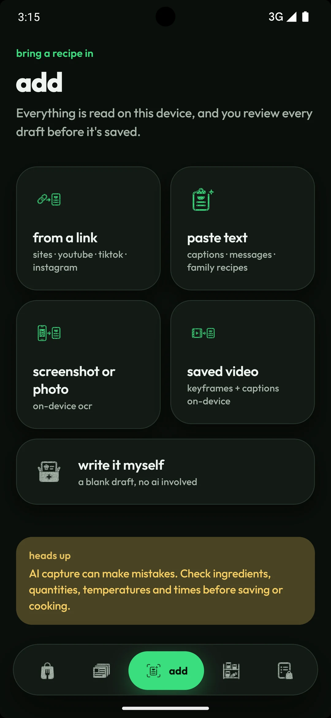 Grocs add recipe screen in the basil noir theme, offering capture from a link, pasted text, screenshot or photo, saved video, or manual entry, with a warning that AI capture can make mistakes.