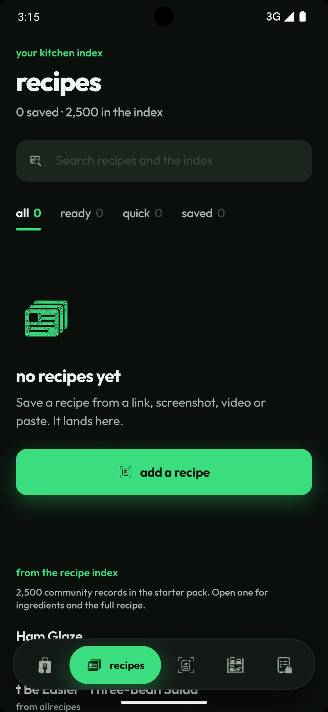 Recipes tab showing 0 saved and 2,500 in the index, with search and status filters, plus index records from named sources.