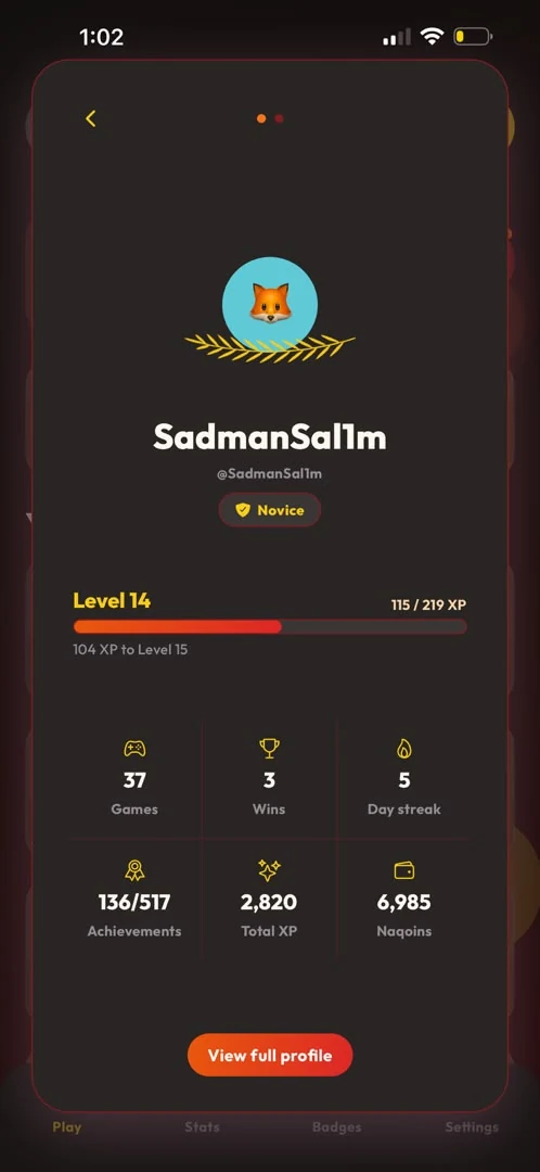 Player profile with avatar, level 14 progress bar, and counters for games, wins, day streak, achievements, XP and Naqoins.