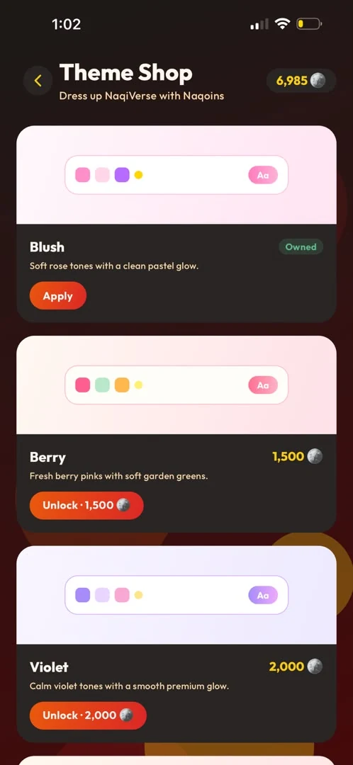 Theme shop where palettes such as Blush, Berry and Violet are previewed and unlocked with Naqoins.