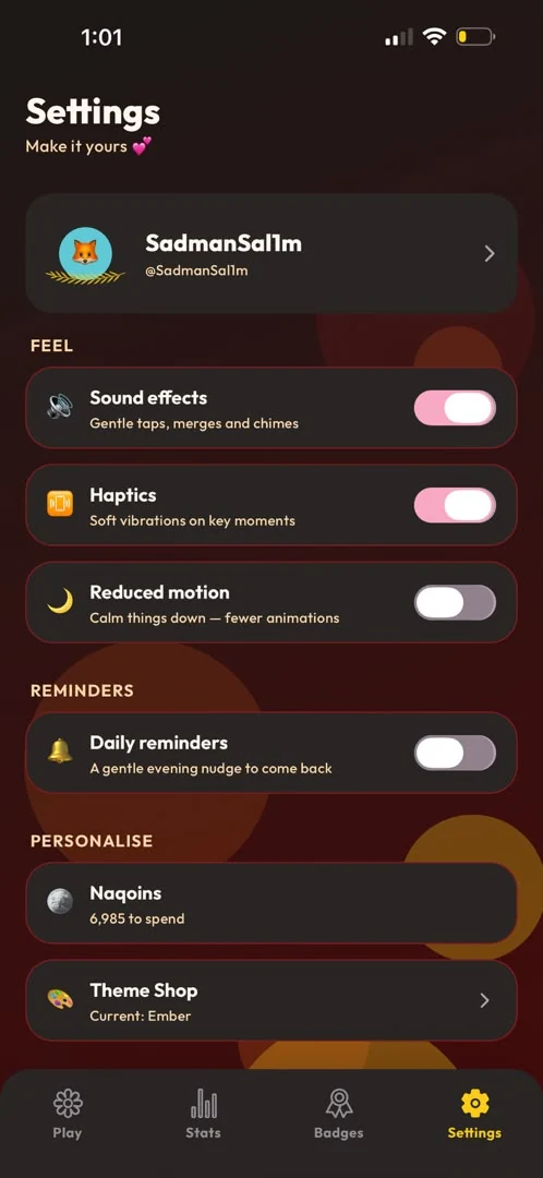 Settings with sound, haptics, reduced motion and reminders.