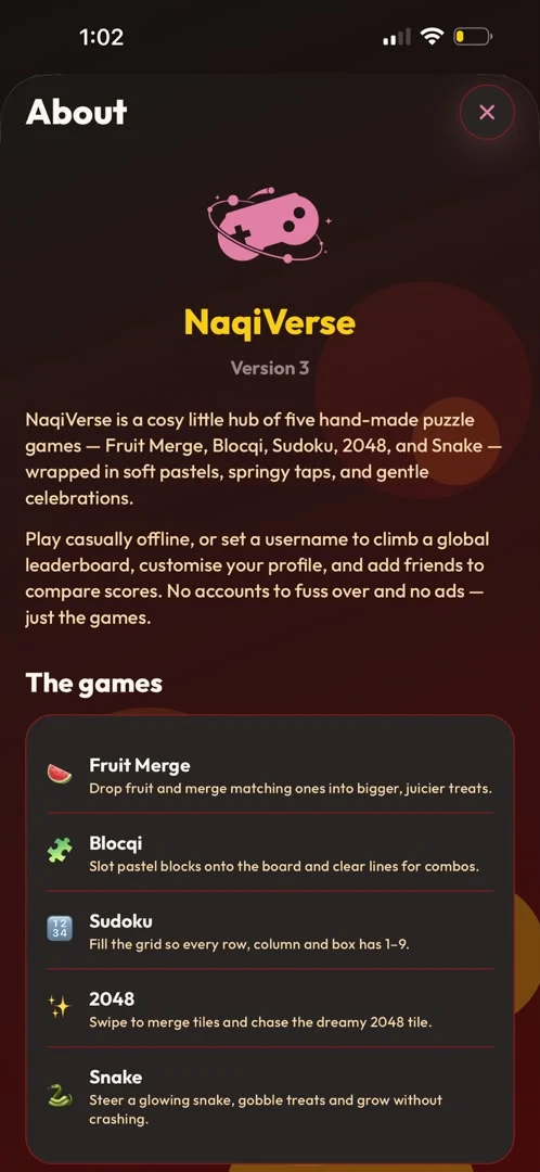 About sheet describing the five games.